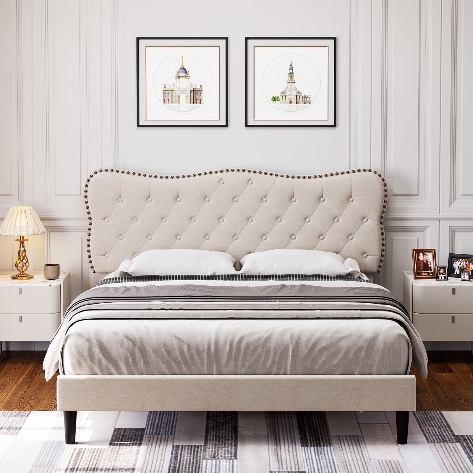 Homfa Queen Size Bed Frame Linen Upholstered Platform Bed with Button Tufted Adjustable Headboard for Bedroom Beige