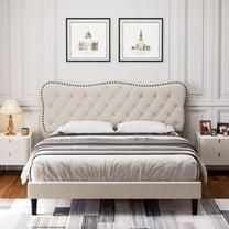 Homfa Queen Size Bed Frame, Linen Upholstered Platform Bed with Button Tufted Adjustable Headboard for Bedroom, Beige