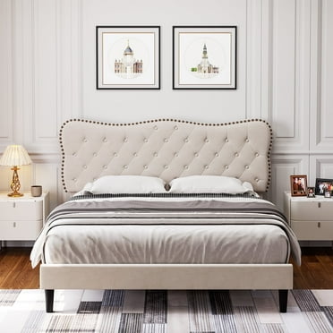 Homfa Queen Size Bed Frame, Linen Upholstered Platform Bed with Button Tufted Adjustable Headboard for Bedroom, Beige