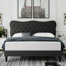 Homfa Queen Size Bed Frame, Linen Upholstered Platform Bed with Button Tufted Adjustable Headboard for Bedroom, Black