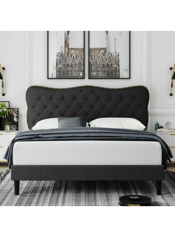 Homfa Queen Size Bed Frame, Linen Upholstered Platform Bed with Button Tufted Adjustable Headboard for Bedroom, Black