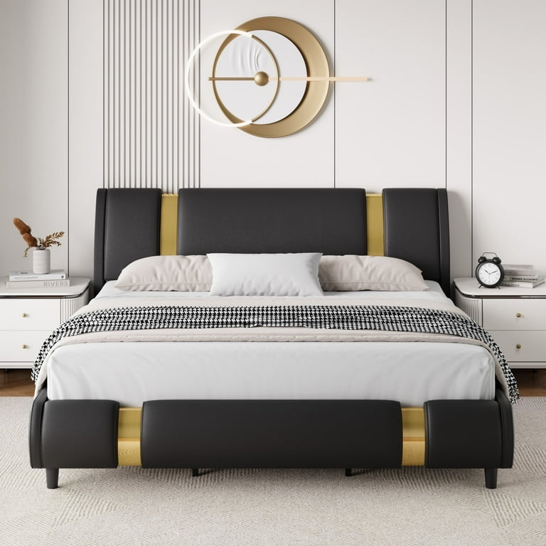 Homfa Queen Size Bed Frame Modern Leather Upholstered Platform Bed Frame with Adjustable Headboard Black Gold
