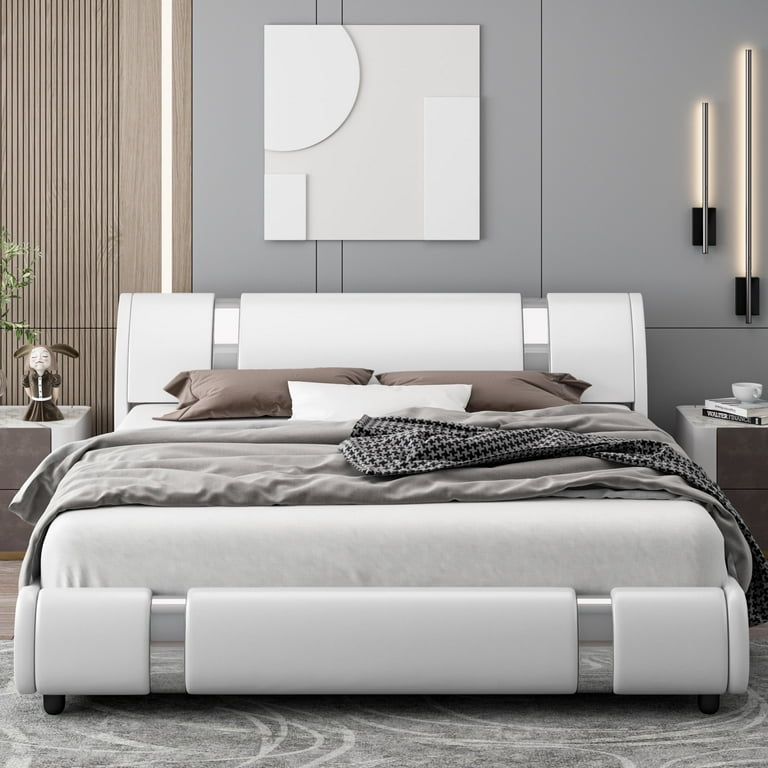 Homfa Queen Size Bed Frame Modern Leather Upholstered Platform Bed Frame with Adjustable Headboard White