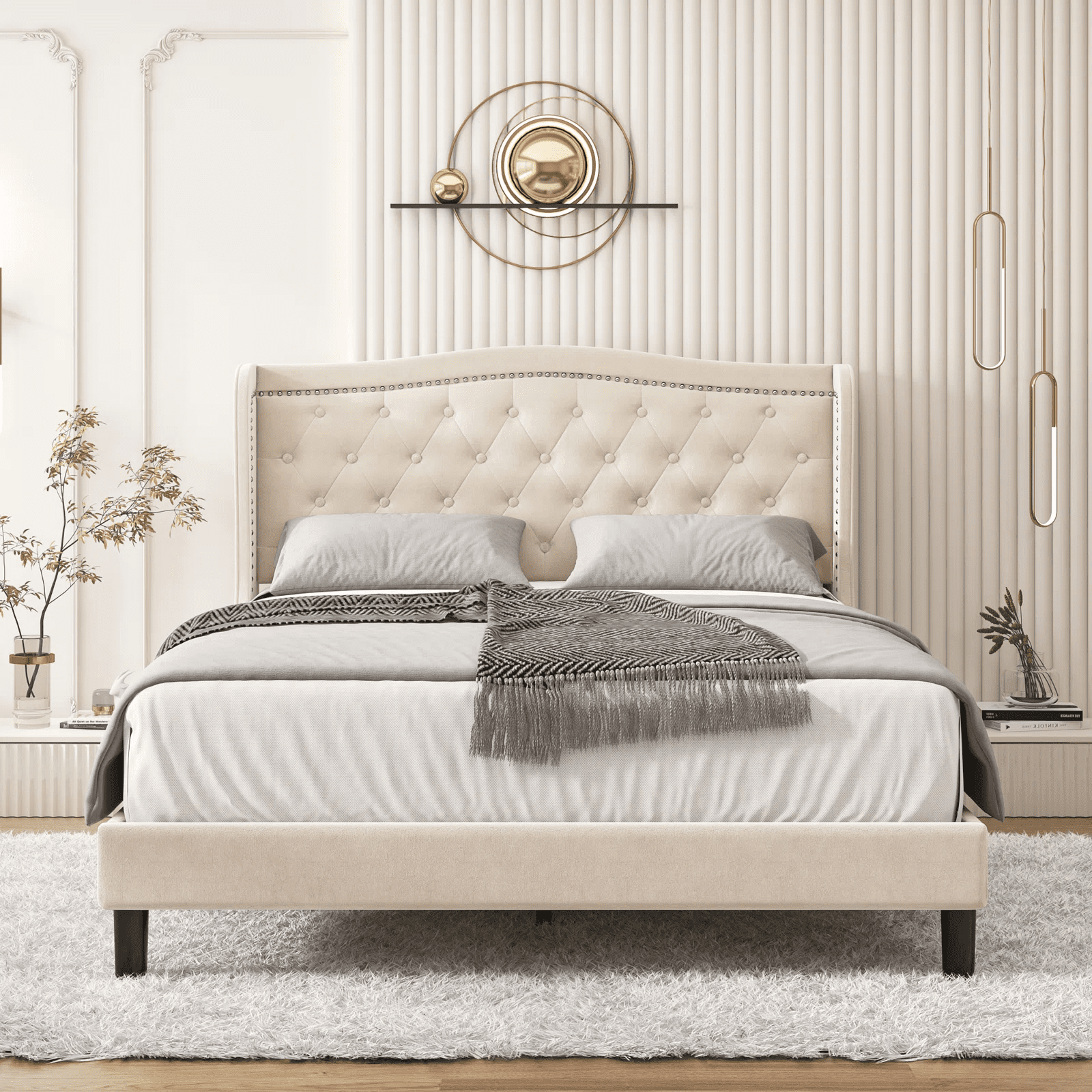 Homfa Queen Bed Frame, Modern Platform with Wing Back Tufted