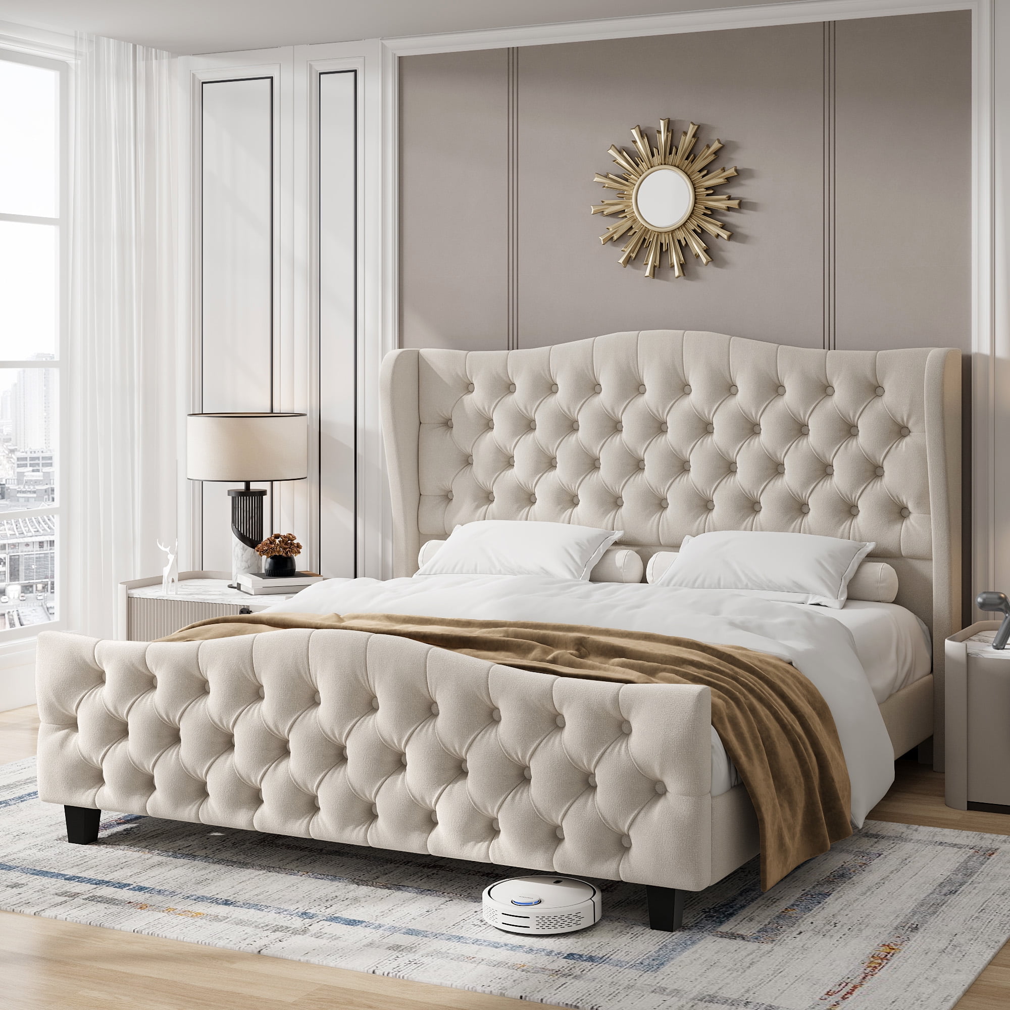 Magnificent Metal Accented Fabric Bed With Large Headboard