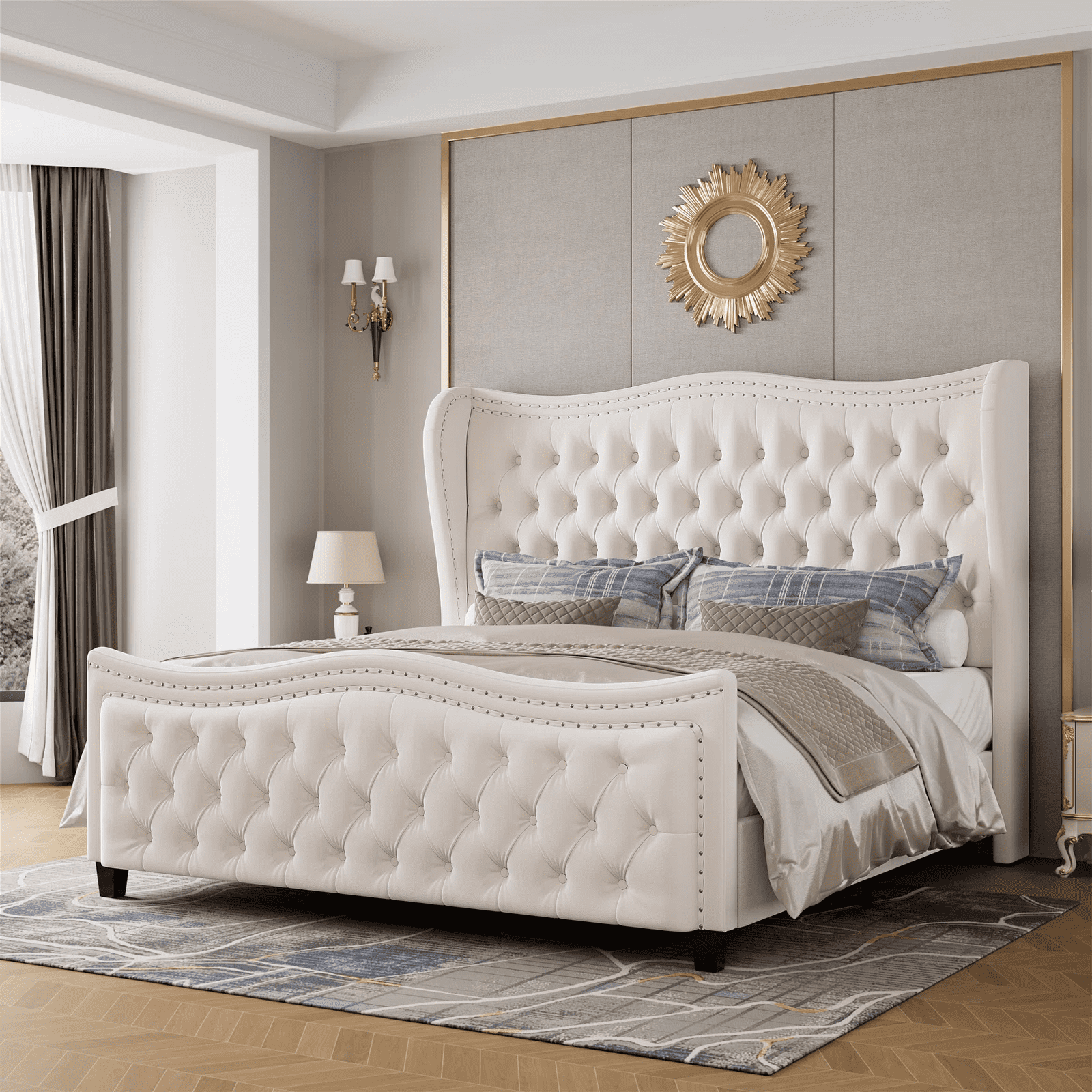 Homfa Queen Size Bed Frame, Modern Velvet Tufted Upholstered Platform