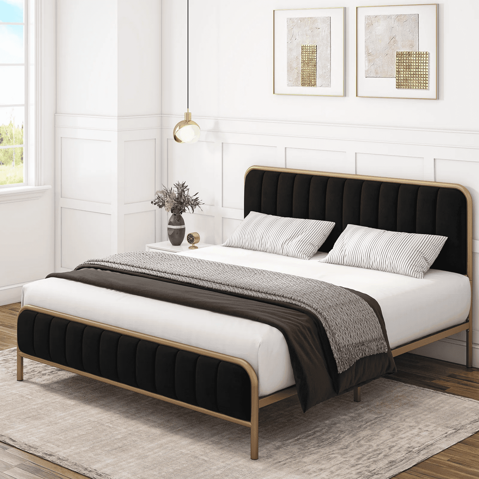 Homfa Homfa Bed Queen Size Bed Frame with Velvet Upholstered Headboard, Black
