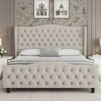 Homfa Queen Size Bed Frame with Tall Tufted Headboard, 54.3” Tall Modern Velvet Upholstered Platform Bed Frame with Deep Button Wingback Headboard, Beige