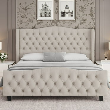 Homfa Queen Size Bed Frame with Tall Tufted Headboard, 54.3” Tall Modern Velvet Upholstered Platform Bed Frame with Deep Button Wingback Headboard, Beige