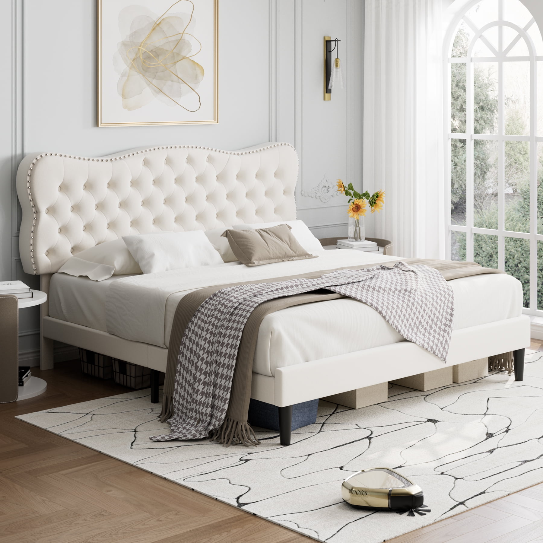 Upholstered Headboard Bed Tufted Size for Adjustable Homfa Off Button Bed Bedroom, Queen White Velvet Platform Frame, with