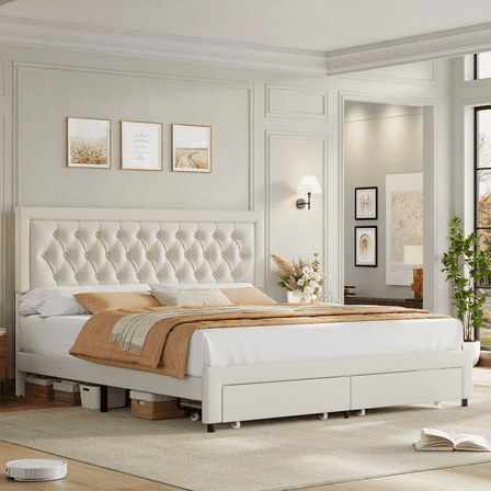 Homfa Queen Size Bed Frame with Storage, Linen Upholstered Platform Bed with 2 Storage Drawers & Adjustable Button Headboard, Beige