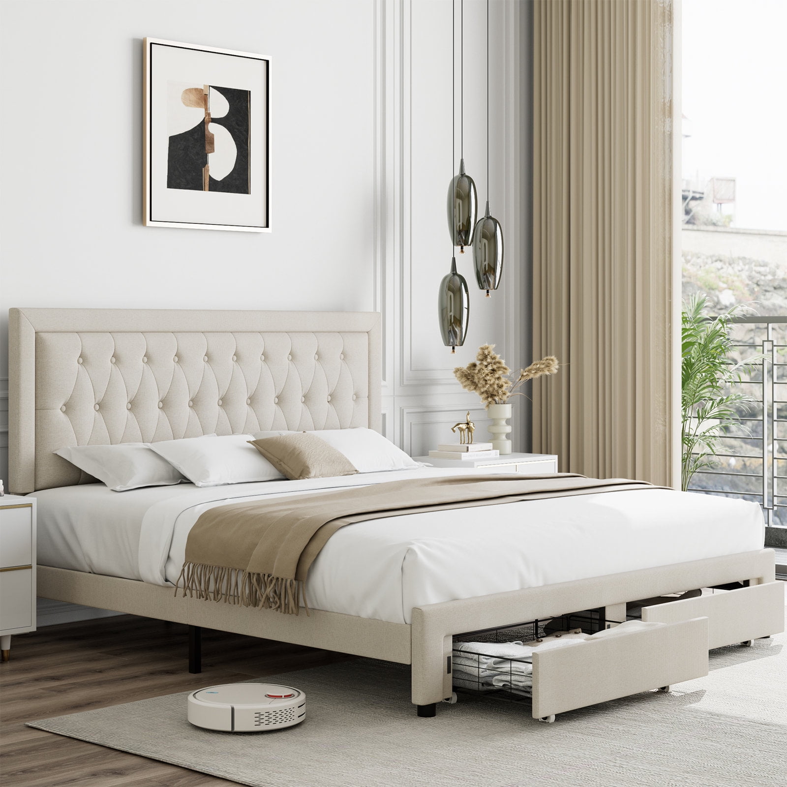 Homfa Queen Size Bed Frame With 2 Drawers, Linen Upholstered Platform Bed  With Adjustable Button Headboard, Beige - Walmart.Com