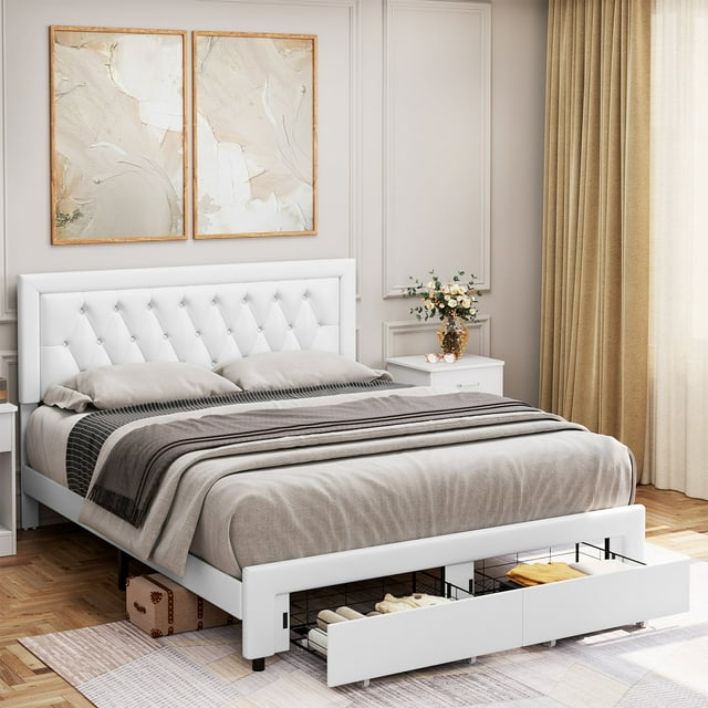 Homfa Queen Bed Frame with Hidden Storage Drawers, PU Leather Platform