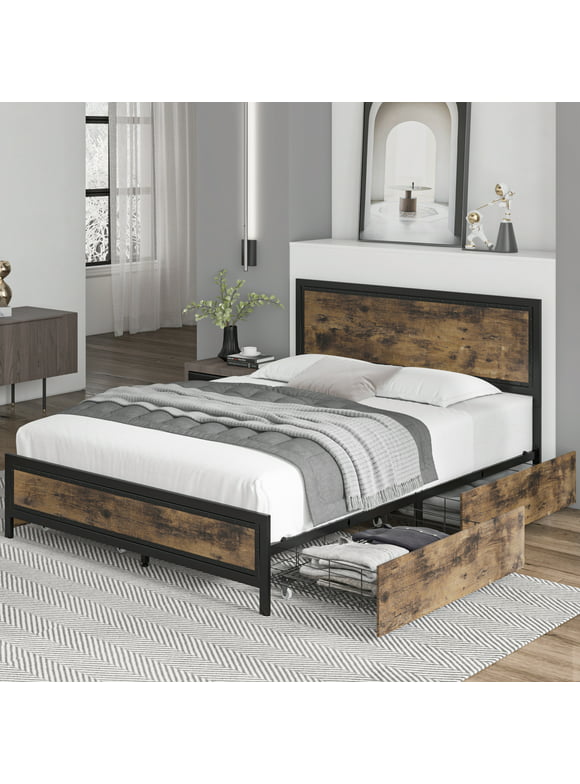 Homfa Queen Size Bed Frame with 4 Storage Drawers Industrial Heavy Duty Metal Platform Bed, Rustic Brown