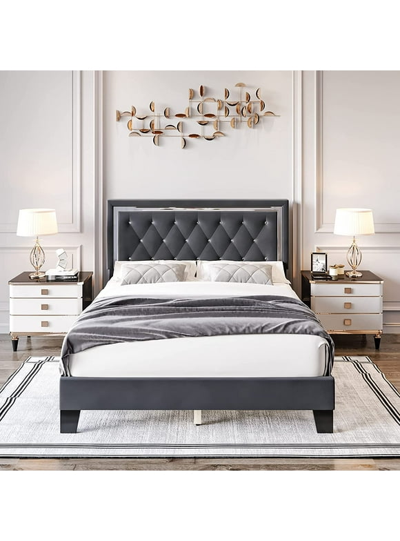Homfa Queen Size Bed Frame with Adjustable Headboard, Diamond Tufted Upholstered Platform Bed, Gray