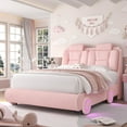thumbnail image 1 of Homfa Queen Size Car Bed Frame with LED Wheels, Velvet Upholstered Platform Bed with Adjustable Headboard and Removable Pillows, Pink, 1 of 8
