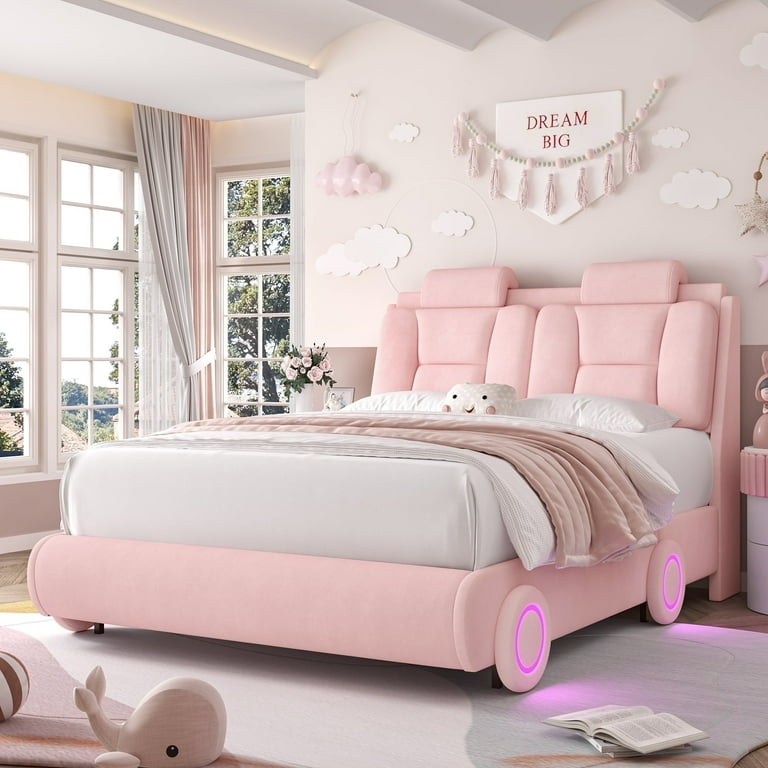 ぉpinkパンちゃん専用 アクタス MIMOSA BED シングルベッド Homfa Queen Car Bed Frame with LED Wheels, Velvet Upholstered