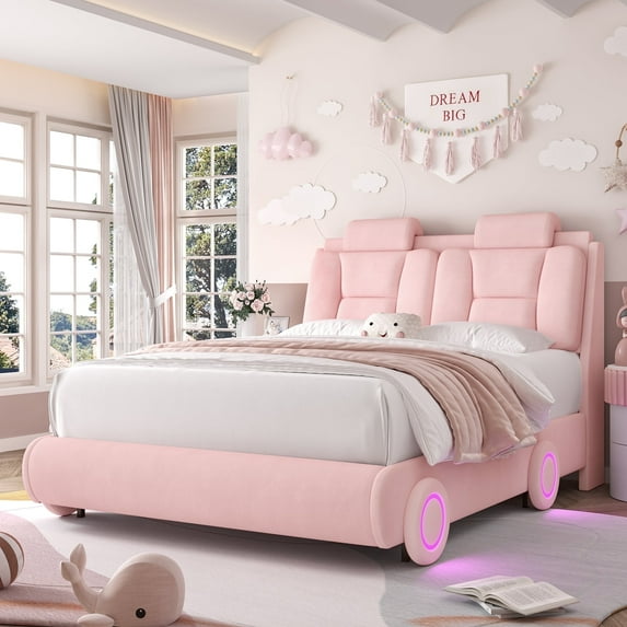 Homfa Queen Size Car Bed Frame with LED Wheels, Velvet Upholstered Platform Bed with Adjustable Headboard and Removable Pillows, Pink