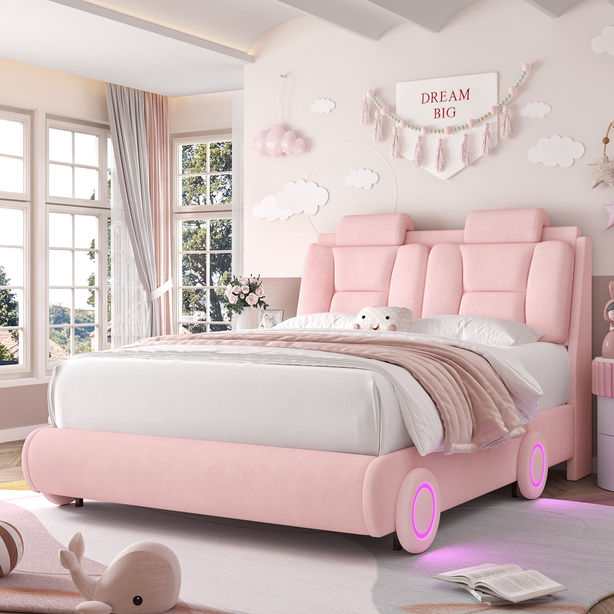 Homfa Queen Size Bed Frame with LED Wheel, Velvet Upholstered Platform Bed with with Adjustable Headboard and Pillow, Pink