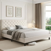 Homfa Queen Size Bed, Modern Upholstered Platform Bed Frame with Adjustable Headboard for Bedroom, Beige
