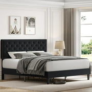 Homfa Queen Size Bed, Modern Upholstered Platform Bed Frame with Adjustable Headboard for Bedroom, Black