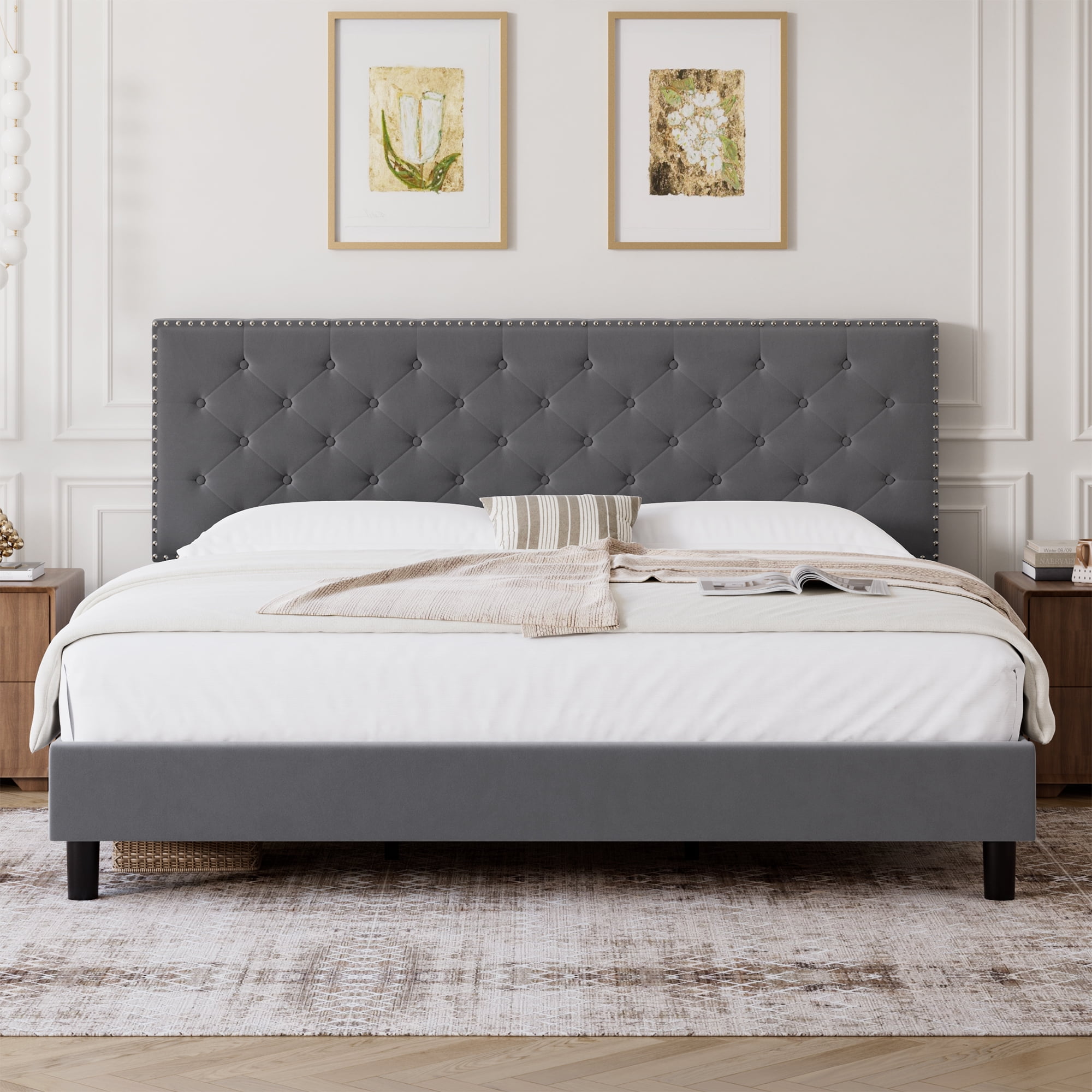 Homfa Queen Size Bed, Upholstered Bed Frame with Button Tufted ...