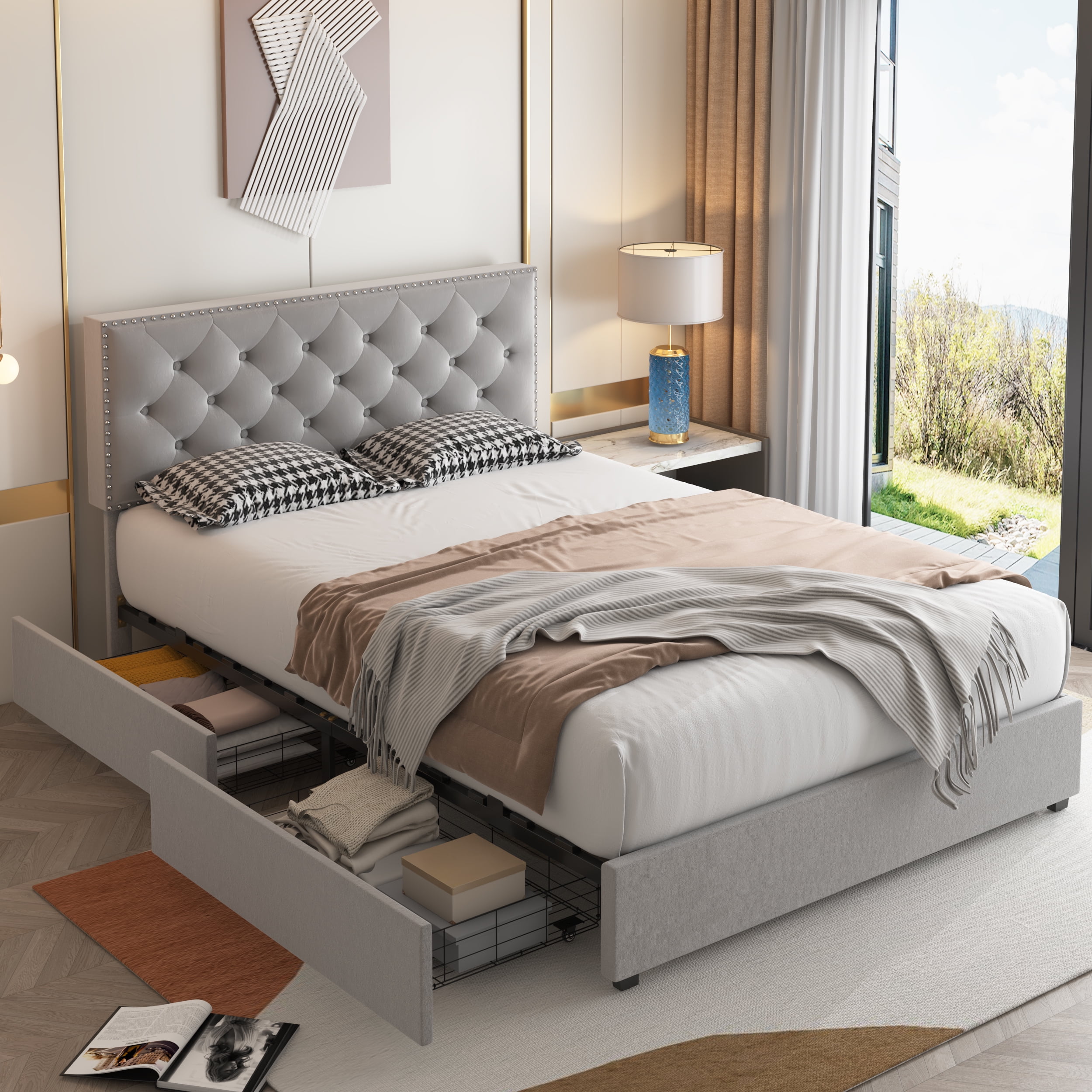 Homfa Queen Size Bed with 4 Storage Drawers Modern Platform Bed Frame Velvet Adjustable Upholstered Headboard with Button Tufted Gray