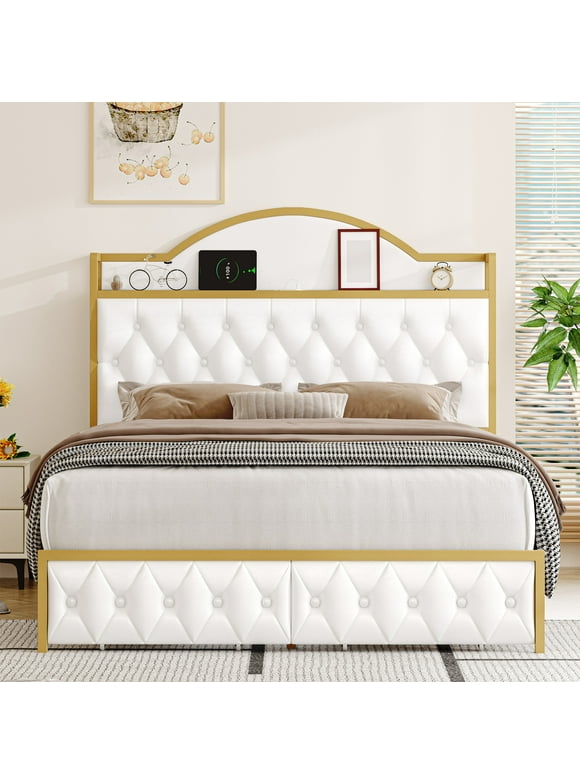 Homfa Queen Size Bed with Charging and 2 Storage Drawers, Modern PU Leather Upholstered Platform Bed, White and Gold