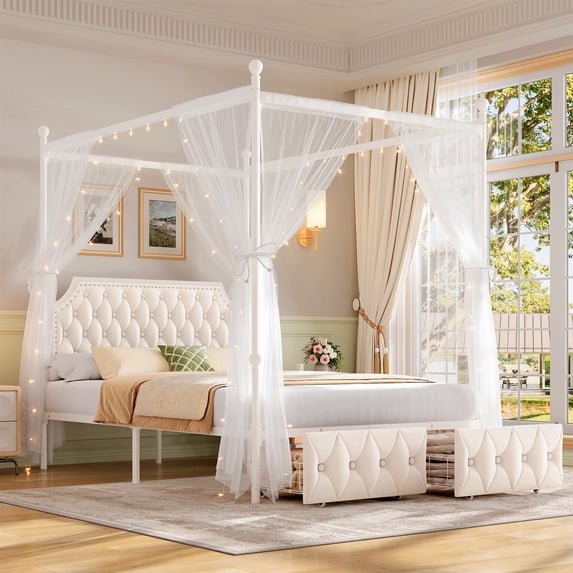 Homfa Queen Bed Frame with 2 Drawer, Canopy Bed Frame with Storage & Upholstered Headboard for Bedroom, Curtain Not Included, Beige
