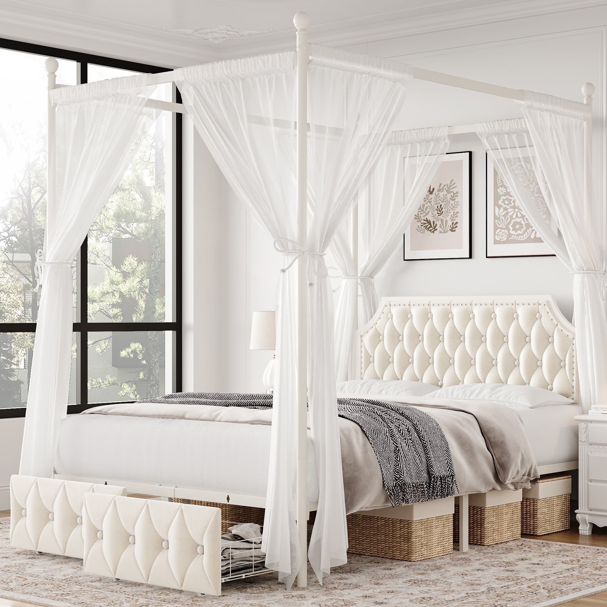 Homfa Queen Size Canopy Bed Frame with 2 Storage Drawers, Upholstered Headboard, Bedroom Furniture, Beige