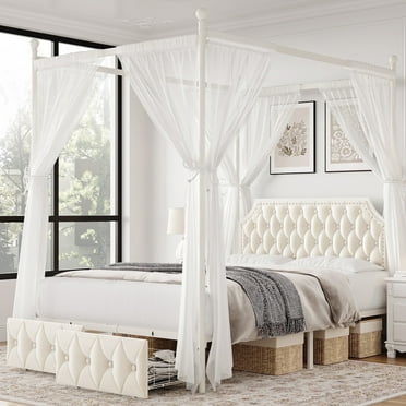 Homfa Queen Size Canopy Bed Frame, 2 Storage Drawers Metal Platform Bed with Button Tufted Upholstered Headboard, Canopy Bed Curtain Not Included, Beige