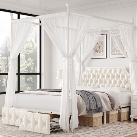 Homfa Queen Size Canopy Bed Frame, 2 Storage Drawers Metal Platform Bed with Button Tufted Upholstered Headboard, Canopy Bed Curtain Not Included, Beige