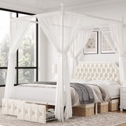 Homfa Queen Size Canopy Bed Frame, 2 Storage Drawers Metal Platform Bed with Button Tufted Upholstered Headboard, Canopy Bed Curtain Not Included, Beige