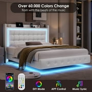 Homfa Queen Size Floating Bed with LED Lights Charging Station, Modern PU Upholstered Platform Bed with Storage Headboard, White