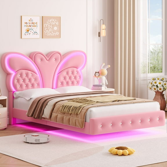 Homfa Queen Size Velvet Upholstered Bed with LED Lights, Floating Platform Bed Frame with Butterfly Crystal Button Tufted Headboard, Pink