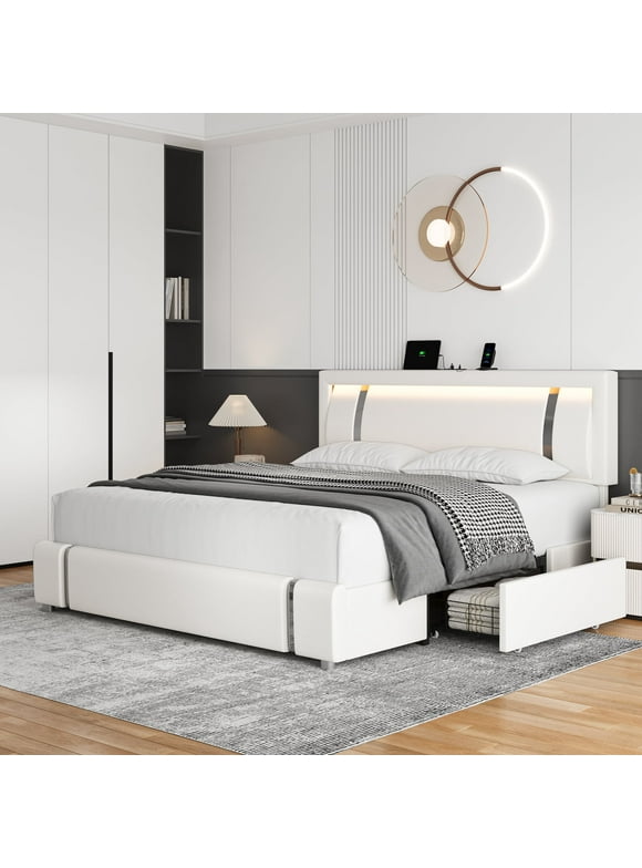 Homfa Queen Size LED Bed Frame with 2 Storage Drawers, Modern Bedroom Leather Upholstered Platform Bed Frame with Adjustable Headboard Mirror Decor, No Box Spring Needed, White