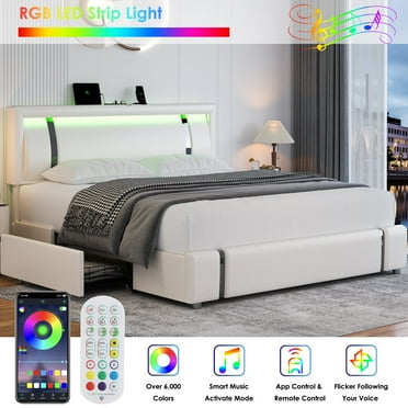 Homfa Queen Bed Frame with LED Lighted Headboard & USB Ports, PU Low Profile Storage Bed Frame with 2 Drawer, Adjustable Headboard, No Box Spring Needed, White