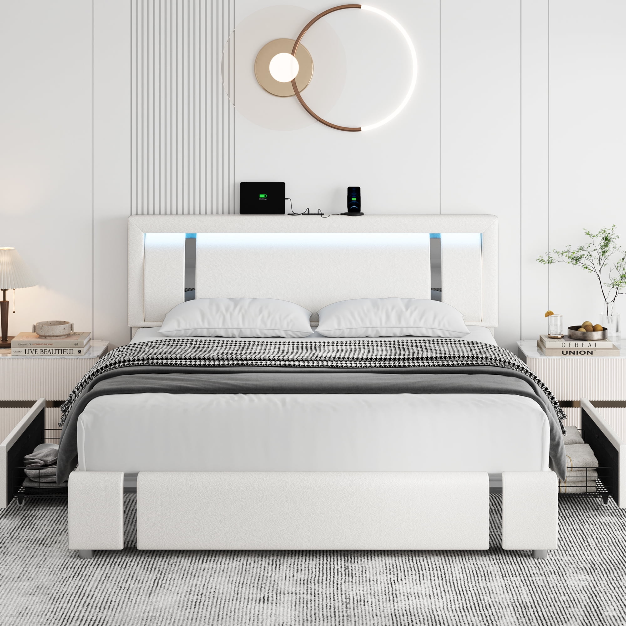 Homfa Queen Bed Frame with LED Lighted Headboard & USB Ports, PU Low Profile Storage Bed Frame with 2 Drawer, Adjustable Headboard, No Box Spring Needed, White