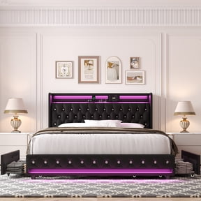 Homfa Queen Size LED Bed Frame with 2 Storage Drawers, Modern Wingback PU Leather Crystal Button Upholstered Platform Bed Frame with Outlets and USB Ports & Display Platform, Black