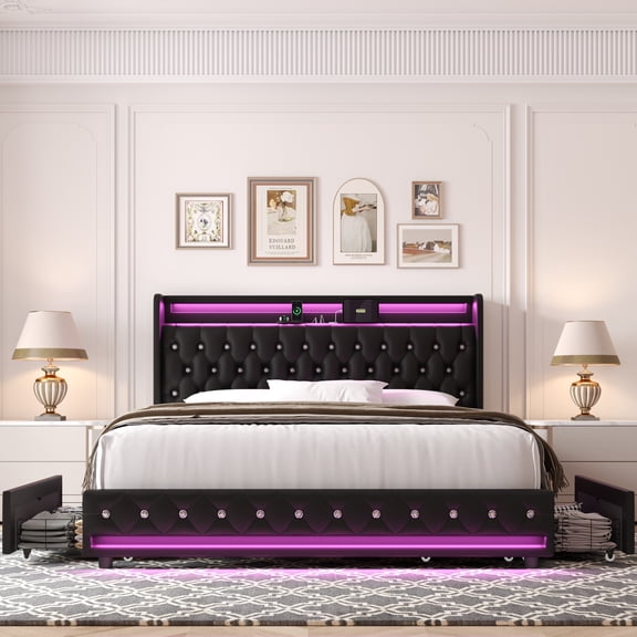 Homfa Queen Size LED Bed Frame with 2 Storage Drawers, Modern Wingback PU Leather Crystal Button Upholstered Platform Bed Frame with Outlets and USB Ports & Display Platform, Black