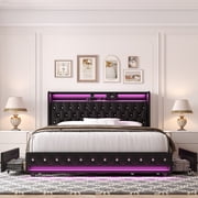 Homfa Queen Size LED Bed Frame with 2 Storage Drawers, Modern Wingback PU Leather Crystal Button Upholstered Platform Bed Frame with Outlets and USB Ports & Display Platform, Black