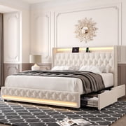 Homfa Queen Size LED Bed Frame with Outlets and USB Ports & Display Platform, 2 Storage Drawers Modern Crystal Button Tufted Upholstered Platform Bed Frame, Beige