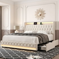 Homfa Queen Size LED Bed Frame with Outlets and USB Ports & Display Platform, 4 Storage Drawers Modern Crystal Button Tufted Upholstered Platform Bed Frame, Beige