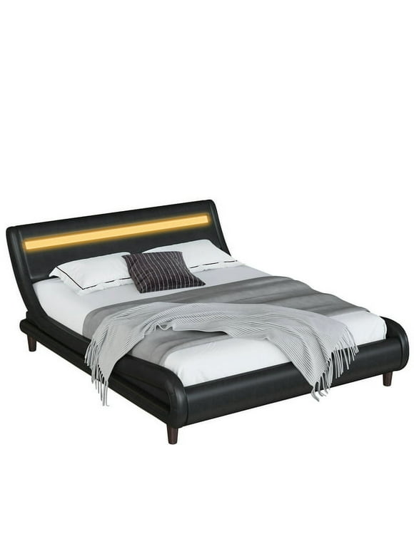 Homfa Queen Size LED Bed Frame, PU Upholstered Platform Bed Frame with Adjustable Headboard, Modern Sleigh Low Profile Platform Bed, Black Finish