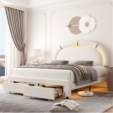 Homfa Queen Size LED Bed Frame with 2 Storage Drawer, Modern Velvet Tufted Upholstered Platform Bed with Arched Headboard for Bedroom, Beige