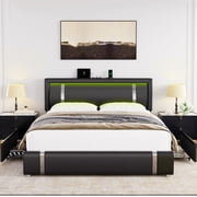 Homfa Queen Size Bed Frame with Led Light & Charge Port & 2 Storage Drawer, PU Low Profile Upholstered Platform Bed with Adjustable Headboard, Black