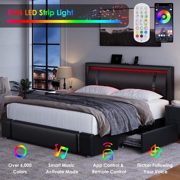 Homfa Queen Size Bed Frame with Led Light & Charge Port & 2 Storage Drawer, PU Low Profile Upholstered Platform Bed with Adjustable Headboard, Black