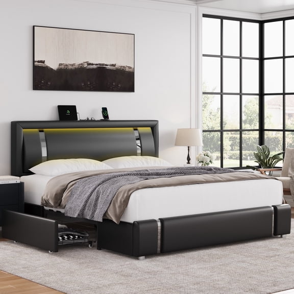 Homfa Queen Size LED Bed Frame with 2 Storage Drawers, Modern Leather Upholstered Platform Bed Frame with Adjustable Headboard, Black