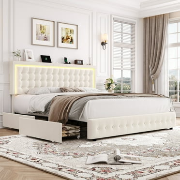 Homfa Queen Size LED Bed Frame with 4 Drawers, Velvet Platform Bed with Built-in USB Ports, Beige