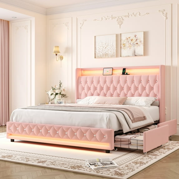 Homfa Queen Size LED Bed Frame with 4 Storage Drawers & Charge Station, Modern Wingback Upholstered Platform Bed Frame, Pink Velvet